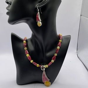 Jay King Pink Thiulite and yellow opal Earrings, Pendant and Necklace set